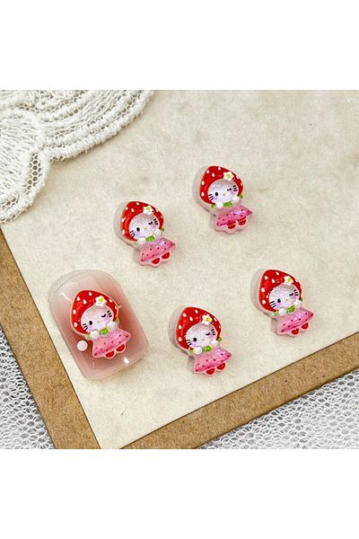 Miniso 04 100Pcs New Strawberry Hello Kitty Nail Charms - Icy Translucent Glitter Mini Dress KT Cat 3D Nail