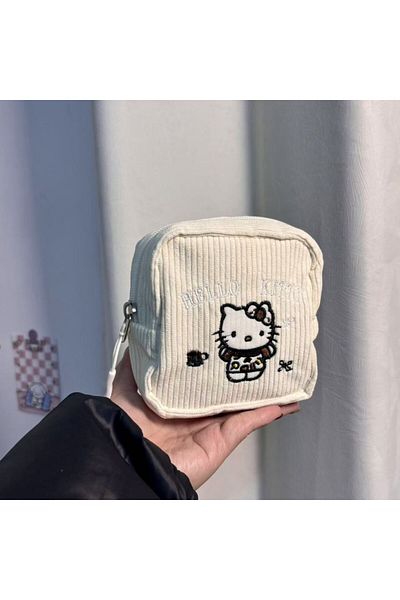 Miniso white Ladies' Corduroy Fabric Cat Embroidered Makeup Bag Portable Handheld Toiletry Bag