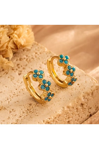 Choice Blue ZAKOL New Turquoise Flower Hoop Earrings for Women Classic Fashion Blue Four-leaf Clover Daily