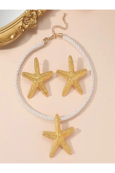Choice Golden 3Pcs Starfish Necklace and Earring Jewelry Set Ladies Elegant Style