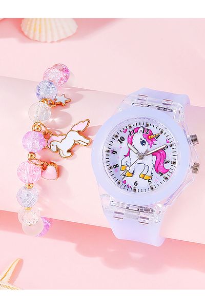 Choice Light purple 5PCS purple cute silicone Unicorn digital watch and acrylic unicorn bracelet set gift n