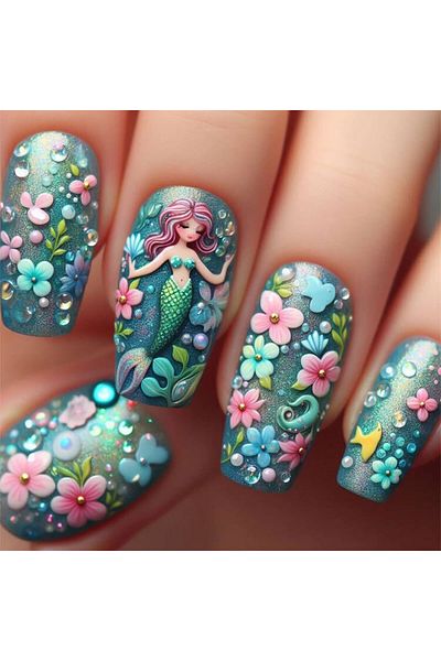 Choice 2176 24pcs/set Medium long fake nails square ballet tips flowers butterfly for spring summer season