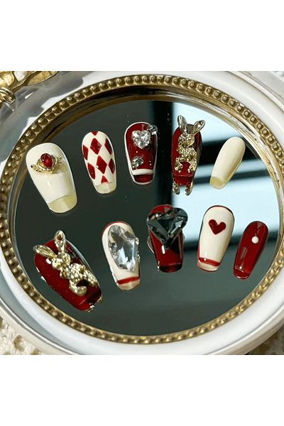 Choice S 10pcs Handmade Y2K Press On Nails New Year Red Fake Nails With 3D Rabbit Heart Rhinestone Stick O.