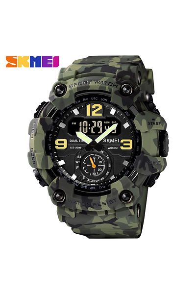Skmei Green camo Shockproof Digital Digita Wristwatch For Men Dual Movement LED light Sport Quartz W