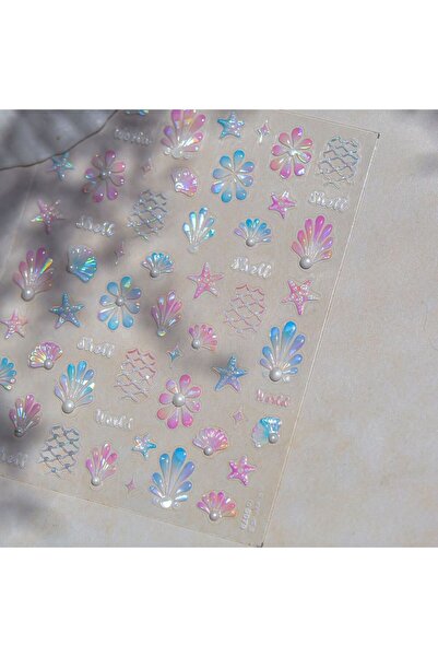 NAILFYOU TO5079 أصداف الشاطئ وشباك الصيد ونجم البحر والصدفات وأحجار الراين واللؤلؤ وملصقات فن الأظافر 5D ناعمة ذاتية الصنع