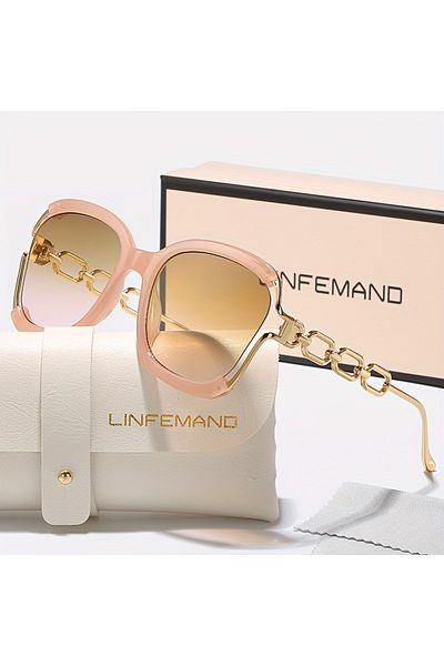 Choice pink LINFEMAND Classic Half Frame Metal Chain Design Fashion Sunglasses Women's Large Frame Decorati