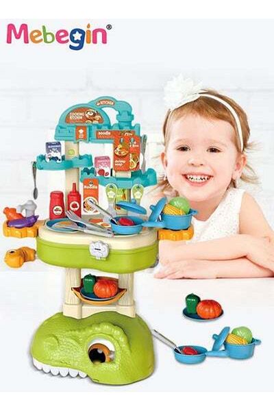 MEBEGIN 49 Pcs Dinosaur-shaped Kitchen Playset with Trolley Case, 3 in 1 Kitchen Pretend Toy