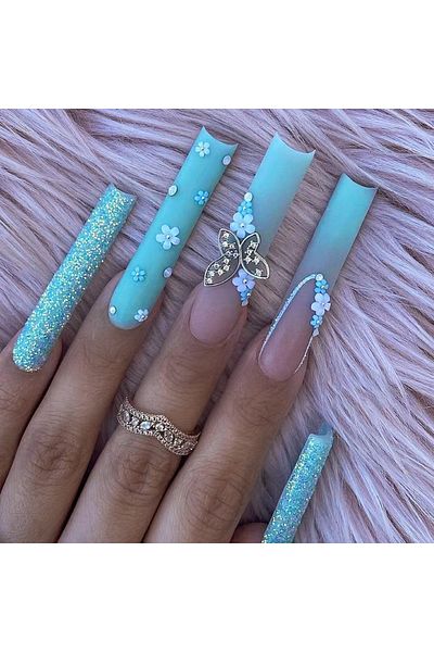 Choice SGCY-300 24 Pieces of Long Coffin Shaped Blue Glitter and Gradient Pattern 3D Butterfly Dot Diamond