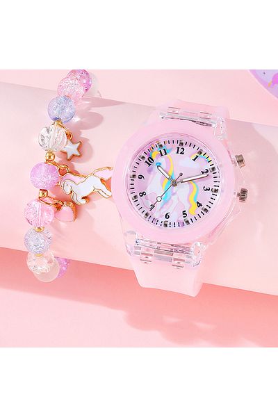 Choice Pink 5PCS purple cute silicone Unicorn digital watch and acrylic unicorn bracelet set gift no gift b