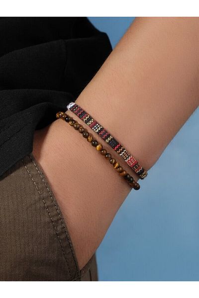Choice Style B 2PCS Tiger Eye Stone Or Volcanic Stone Plus Hand -Woven Bracelet Wave Samia Style Elastic Br