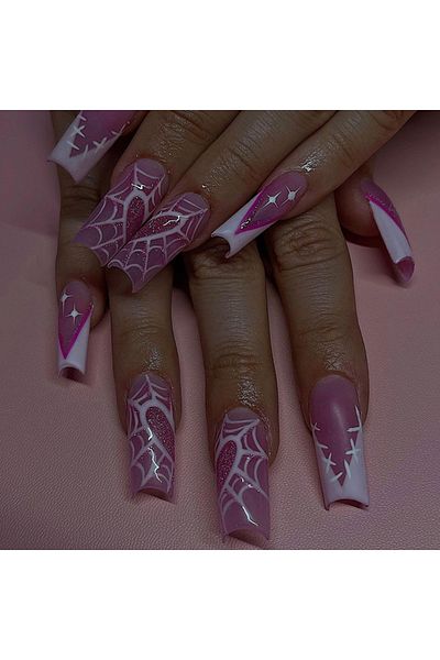 Choice QHW942 24 pcs long ballet-shaped French Simple love stitching cobweb fingernail +1 nail glue +1 nail