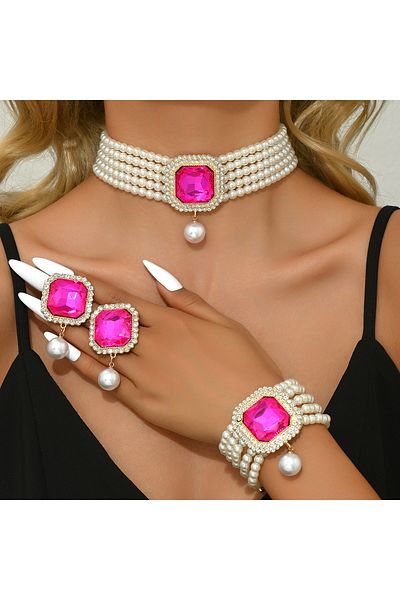 Choice 80854241-Red Women's Fashion Light Luxury Short Style Imitation Pearl Rhinestone Necklace Earrings B