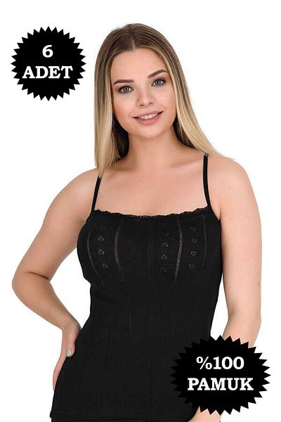 Berrak Heart Patterned Lace Thin Strap 100% Cotton Tank Top 6 Pieces