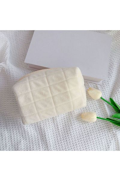 Choice WHITE Cute Plush Makeup Bag for Women Portable Travel Small Cosmetic Bags Solid Color Zipper Toiletr