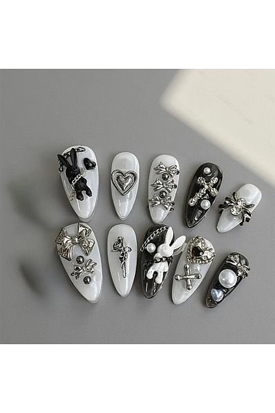 Choice SJ116-S 10pcs personalized black and white nail art, rabbit and bow decoration - Gothic minimalist s