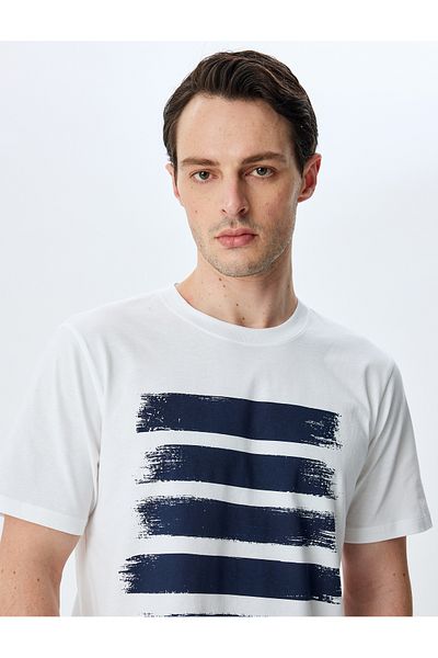 Koton Crew Neck Stripe Printed Cotton Short Sleeve Slim Fit T-Shirt