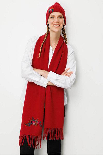 Desen Triko Women's Single Side Rococo Embroidery Embroidered Wool Kaşkol Dark Red