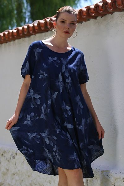 Chiccy Italian Navy Blue Pool Collar Short Sleeve Floral Casual Oversize Woven Dress 110 70