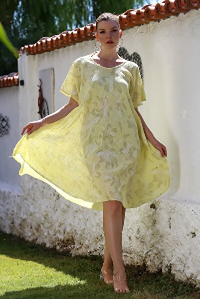 Chiccy İtalyan Açık Limon Havuz Yaka Kısa Kol Çiçekli Casual Oversize Dokuma Elbise 110 70