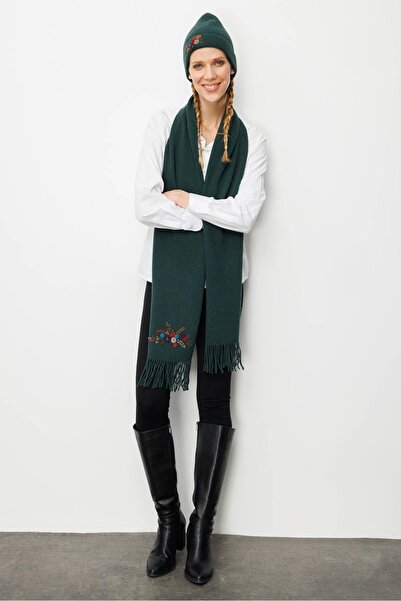 Desen Triko Women's Single Side Rococo Embroidery Embroidered Wool Kaşkol Green