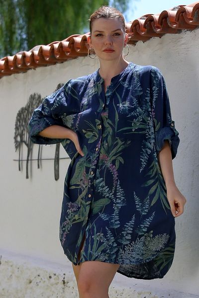 Chiccy Italian Navy Blue Judge Collar Buttoned 3/4 Sleeve Allover Printed Linen Look Woven Dress 97 75