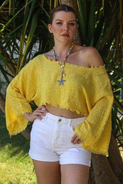Chiccy Organic Cotton Yellow Boat Neck Flounced Sleeve Washed Dirty Stitched Casual Muslin Crop Woven Blouse 38 80