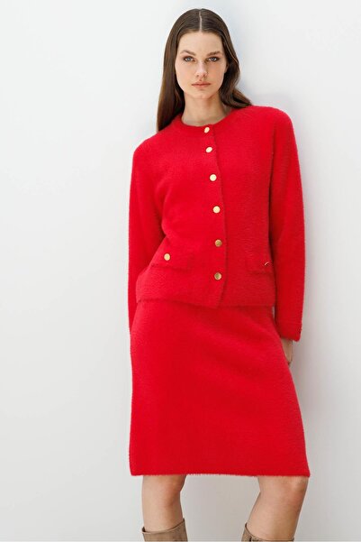 Desen Triko Γυναικείο Πλεκτό Κοντή Φούστα Ανοιχτό Κόκκινο