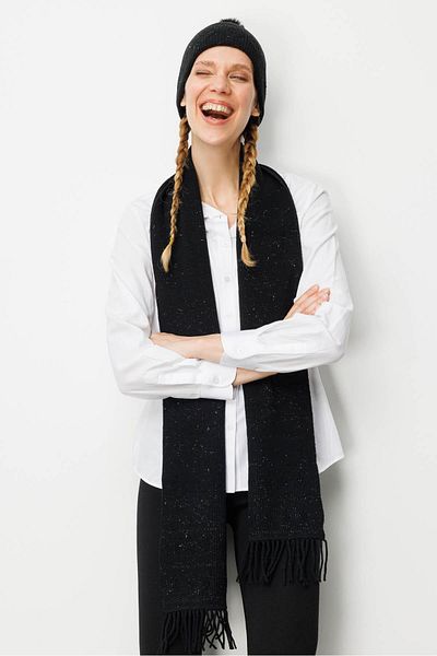 Desen Triko Women's Glitter Jacquard Tasseled Wool Kaşkol Black