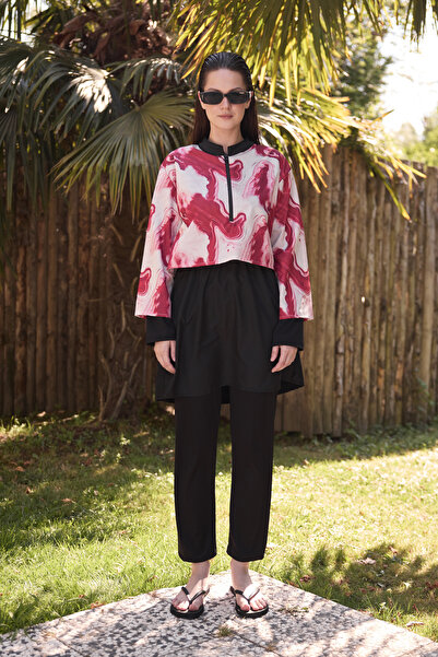 Ladima Kadın Tesettür Vişne Ebru Baskılı Tam Kapalı 3 Parça Mayo Takımı