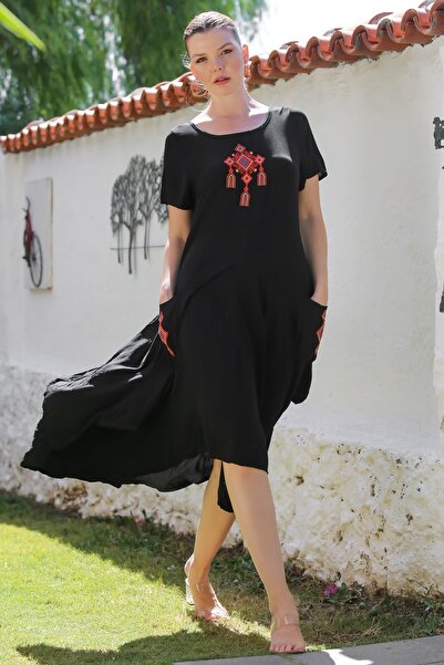 Chiccy Black Pool Collar Short Sleeve Pocket Embroidered Casual Woven Dress 130 65