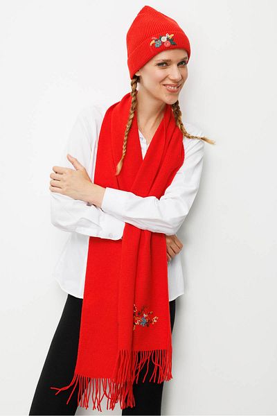 Desen Triko Women's One Side Rococo Embroidery Embroidered Wool Kaşkol Coral
