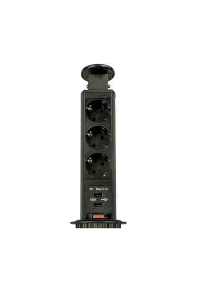 Adsinio Retractable Round Built-in Socket,GTV,3 Schuko Sockets,2 USB Ports 5V, 2.1A, Cable 1.5m, IP20,Black
