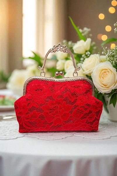 Famels French Lace Model Stylish and High Quality Bridal Bag Wedding Bag Shoulder and Evening Dress Bag Red