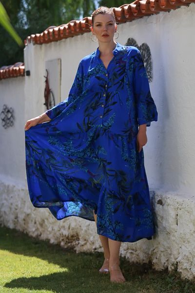 Chiccy Saks Blue Guler Domnă Fusta cu mâneci cu volane Rochie țesută imprimată cu volane 130 58