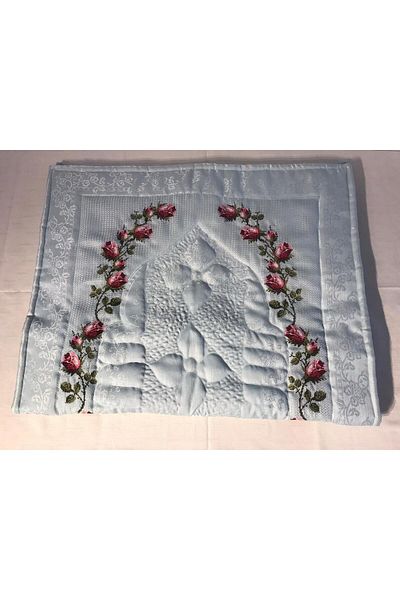 Vinezza Home Collection Pink Flower Motif Machine Embroidery Blue Etamine Fabric Single Prayer Rug