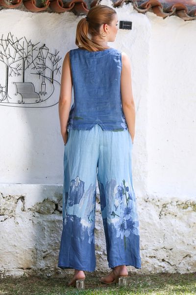 Chiccy Italian Blue V-Neck Sleeveless Patterned Buttoned Pocket Linen Woven Bottom Top Suit 58-108 56-73