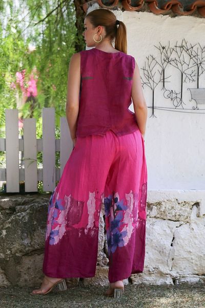 Chiccy Italian Fuchsia V Neck Sleeveless Patterned Buttoned Pockets Linen Woven Bottom Top Suit 58-109 56-74