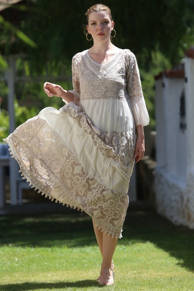 Chiccy Italian Beige V-Neck Ruffle Sleeve Lined Sequin Sequin Detail Lace Casual Silk Woven Dress 128 55