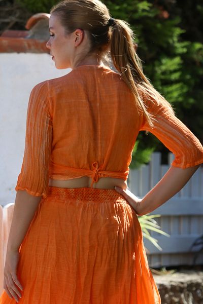 Chiccy Organic Cotton Orange Double Breasted Collar 3/4 Sleeve Tie Washed Casual Crop Woven Blouse 40 60