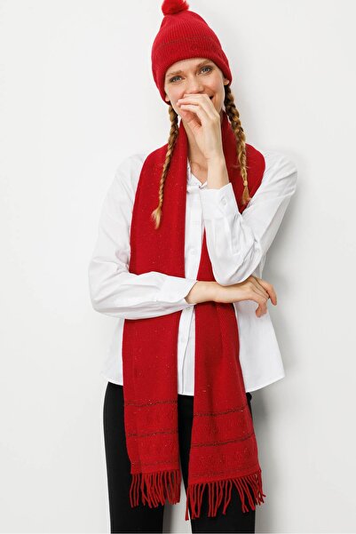 Desen Triko Kadın Simli Jakarlı Püsküllü Yün Kaşkol K.Kırmızı