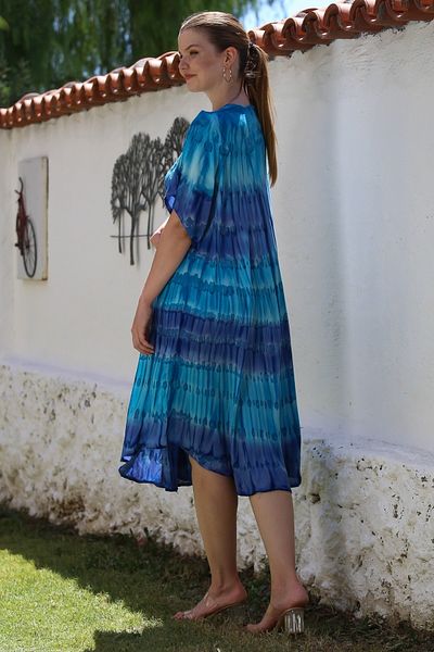 Chiccy Navy Blue-Pool Collar Short Sleeve Tie-Dye Embroidered Casual Woven Dress 105 70