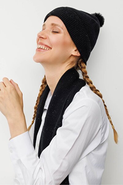 Desen Triko Women's Glitter Jacquard Tasseled Wool Kaşkol Black