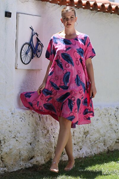 Chiccy Italian Fuchsia Pool Collar Short Sleeve Allover Printed Casual Oversize Woven Dress 110 75