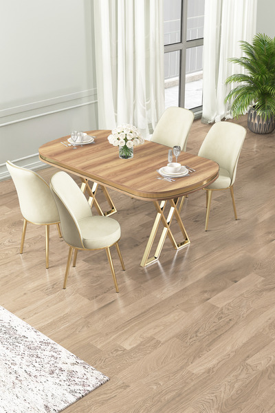 Canisa Lai Serisi 90x168 Lak Panel Hazar Masa ve 4 Krem Sandalye Gold Kaplama...