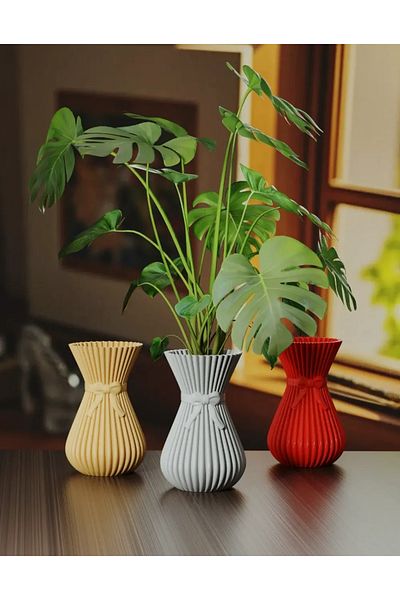 Plasfire Vase Set of 3 with Bow Model 88 X88X 140 mm - 3 Pcs