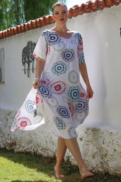 Chiccy Ιταλικό λευκό γιακά πισίνας κοντό μανίκι Allover εμπριμέ casual oversize υφαντό φόρεμα 120 60