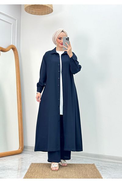 ButikKardelen Camelya Sandy Crepe Fabric Tunic Long Buttoned Triple Suit