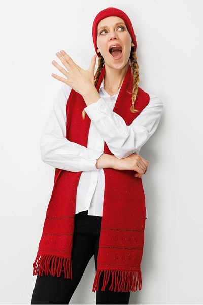 Desen Triko Women's Glitter Jacquard Tasseled Wool Kaşkol Dark Red