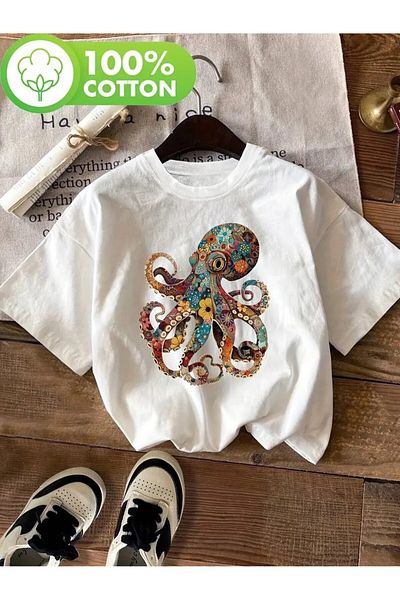 vikitekno Oversize Octopus Printed Design Women's T-Shirt