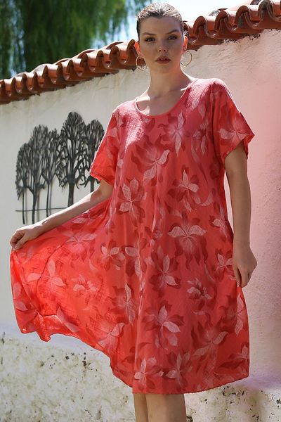 Chiccy Italian Pomegranate Pool Collar Short Sleeve Floral Casual Oversize Woven Dress 110 70